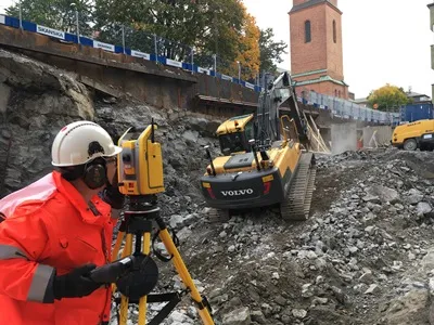 Byggutsättning med totalstation intill grävmaskin på byggarbetsplats