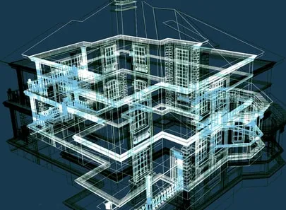 3D-modell av en byggnad i trådmodell (BIM)